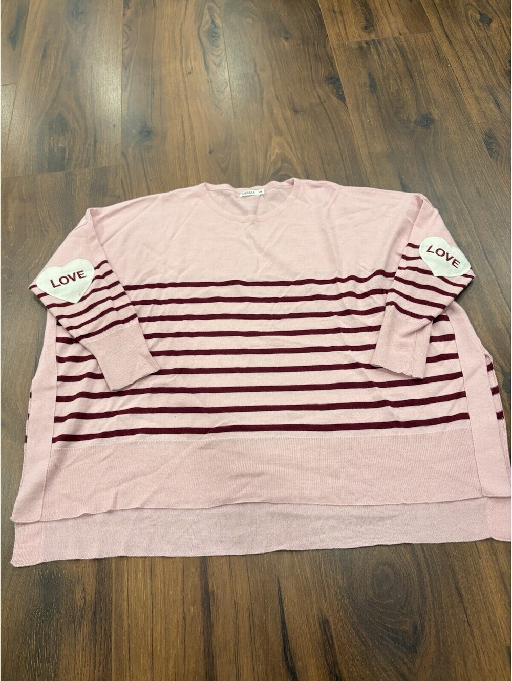 MerSea Amour Sweater Heart Patch Green Stripe Women’s One Size Dolman Oversized